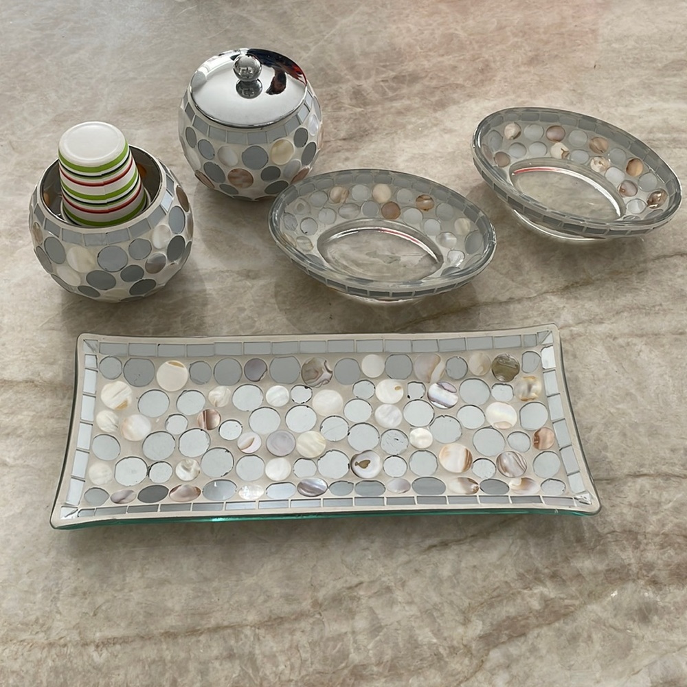 Mother of Pearl Bathroom Accessories - Tray, 2 soap dishes, cup holder and jar